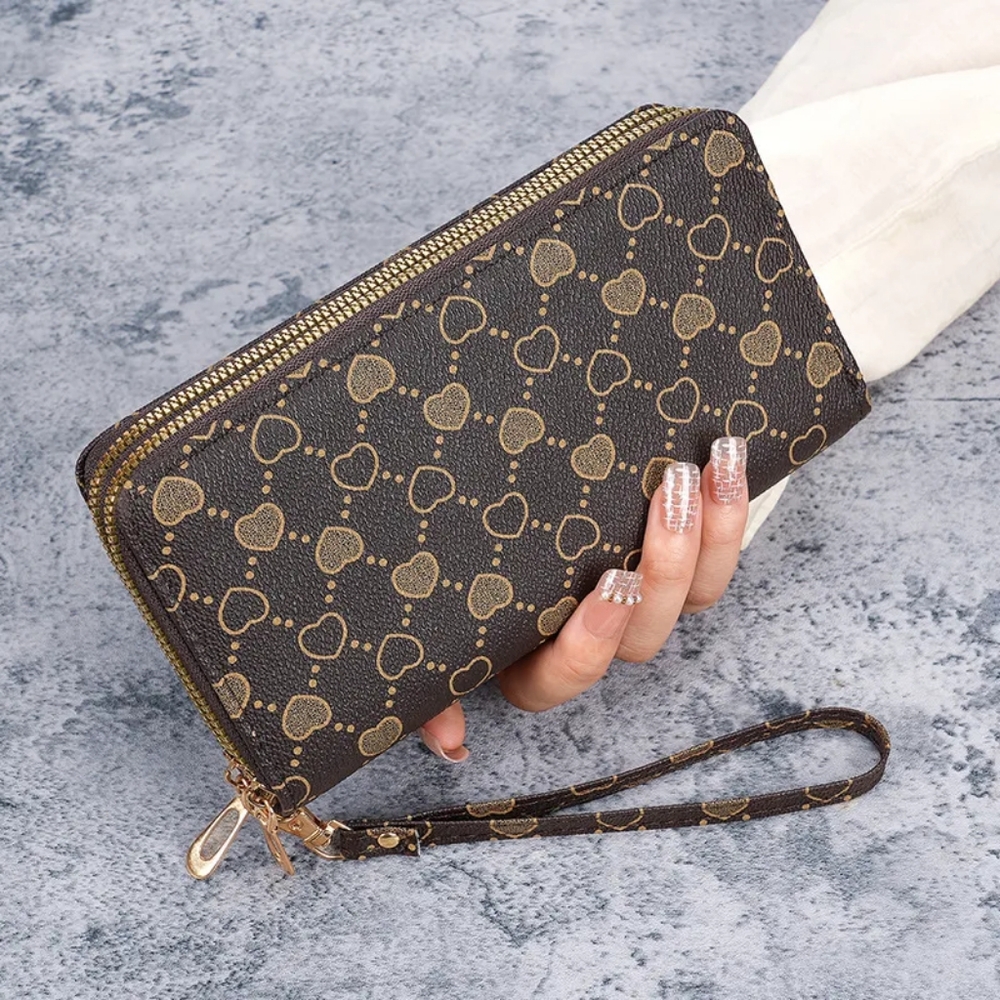 Womens Heart Design Color Brown Pu Leather Two Zipper Wallet